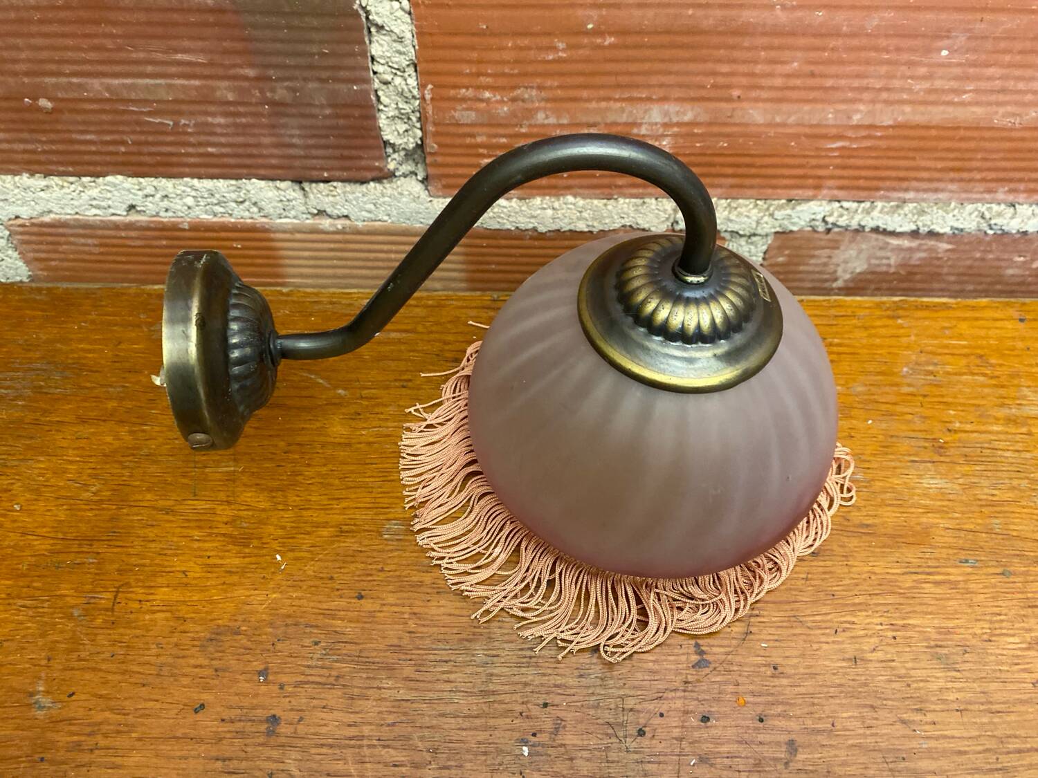 Antique Swan Neck Wall Lamp Gold Metal + Vintage Pink Glass Dome