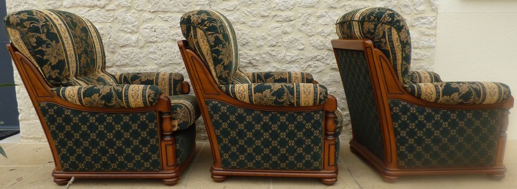 Three French-made cherry wood armchairs covered in velvet