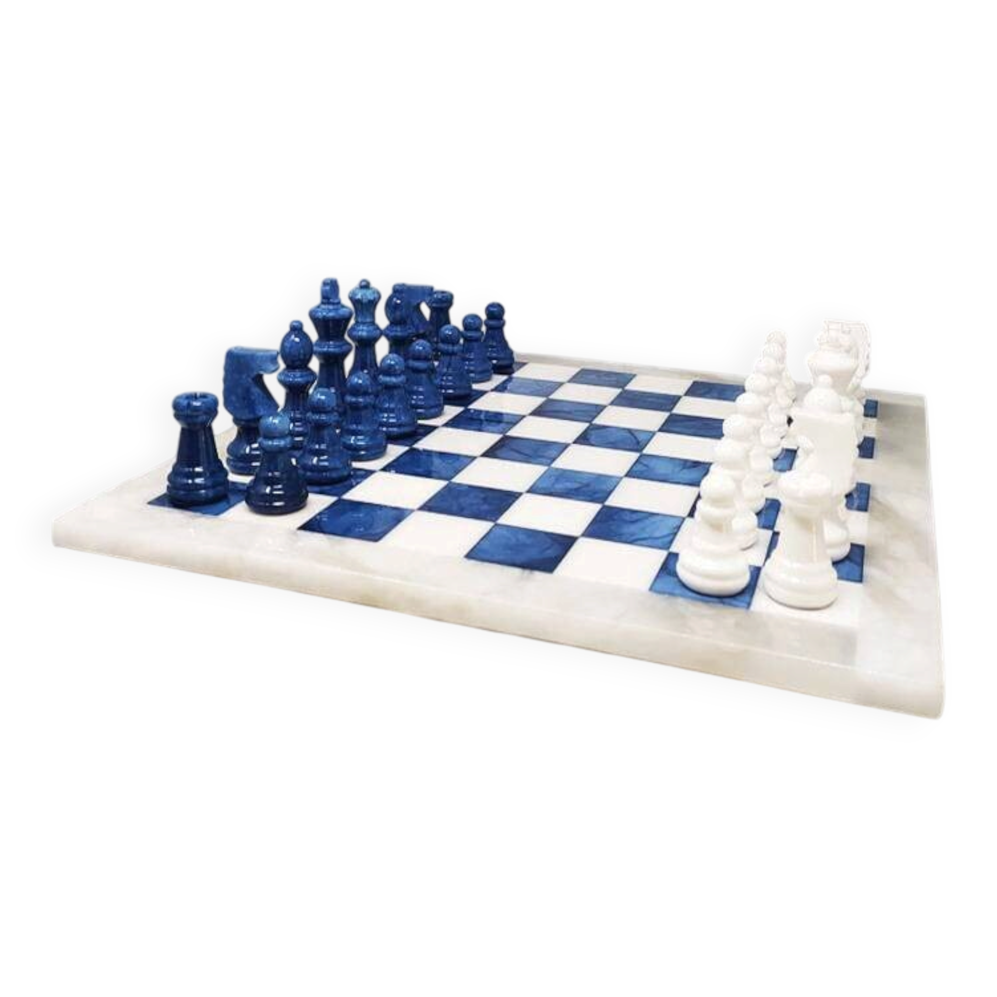 Vintage 1970s Italian Volterra Alabaster Chess Set - Cobalt Blue & White