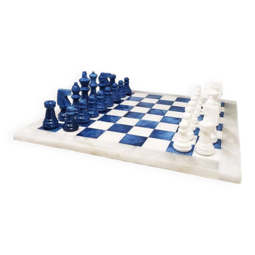 Vintage 1970s Italian Volterra Alabaster Chess Set - Cobalt Blue & White
