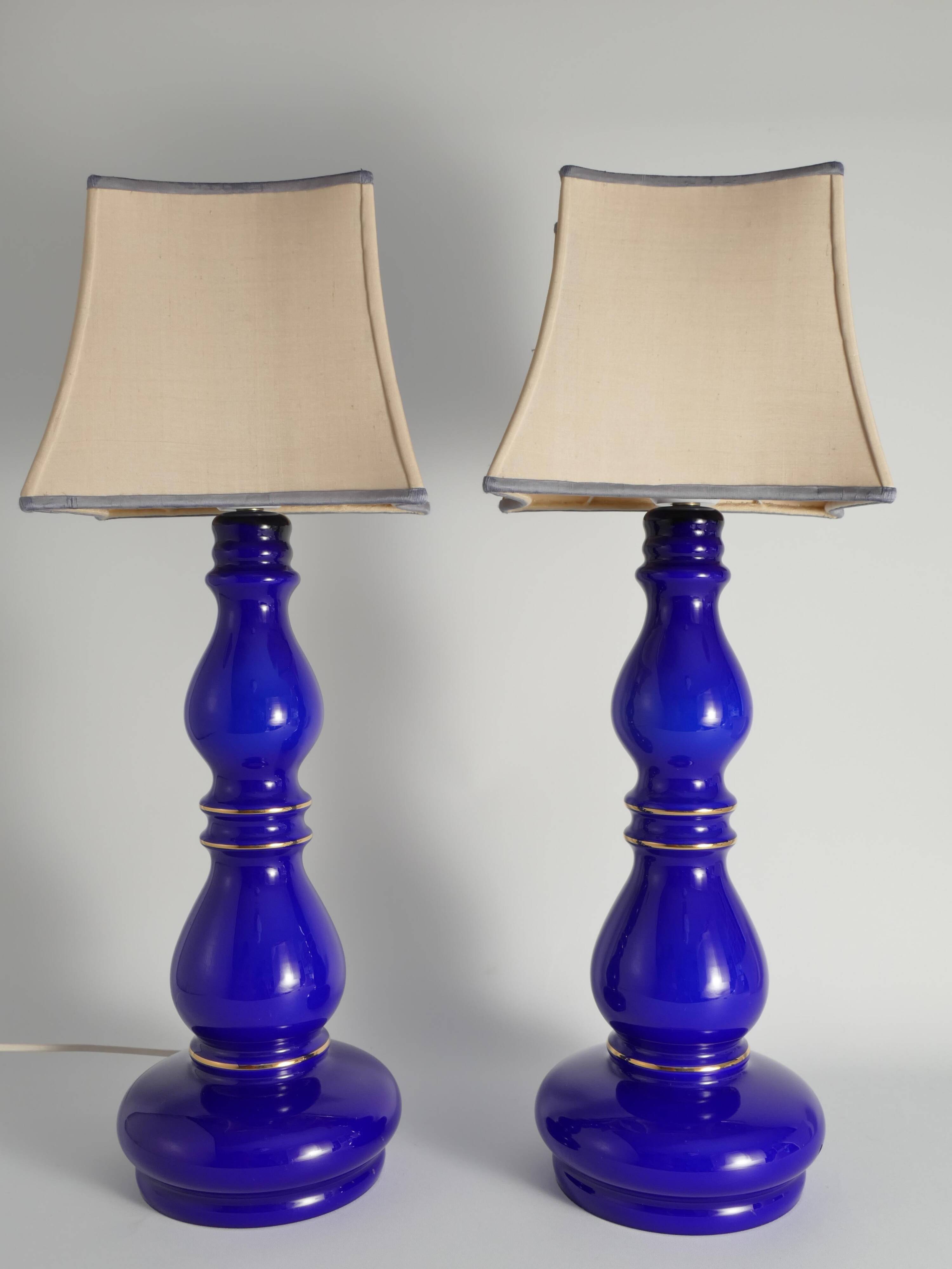 Baluster-shaped Cobalt Blue Glass Table Lamps, Rosdala Glassworks 1960, Set of 2