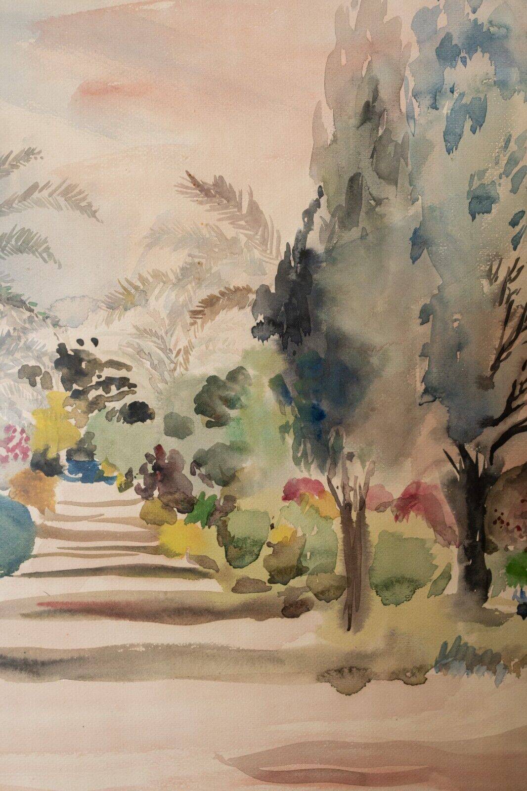 Watercolor on paper by Bernadette Sers Allée de Cyprès 20th century