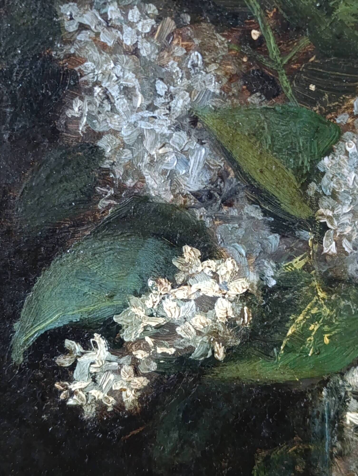 Vintage French oil painting on board, bouquet of lilacs