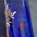 Antique blue glass vase, hand-painted bronze floral decoration / Art Nouveau