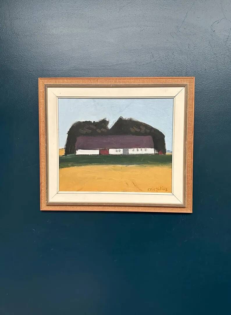 Original Swedish Oil on Canvas – "Farm" by Eric Julius – Signed – Vintage & Framed – 61 × 53 cm (24" × 20.9")