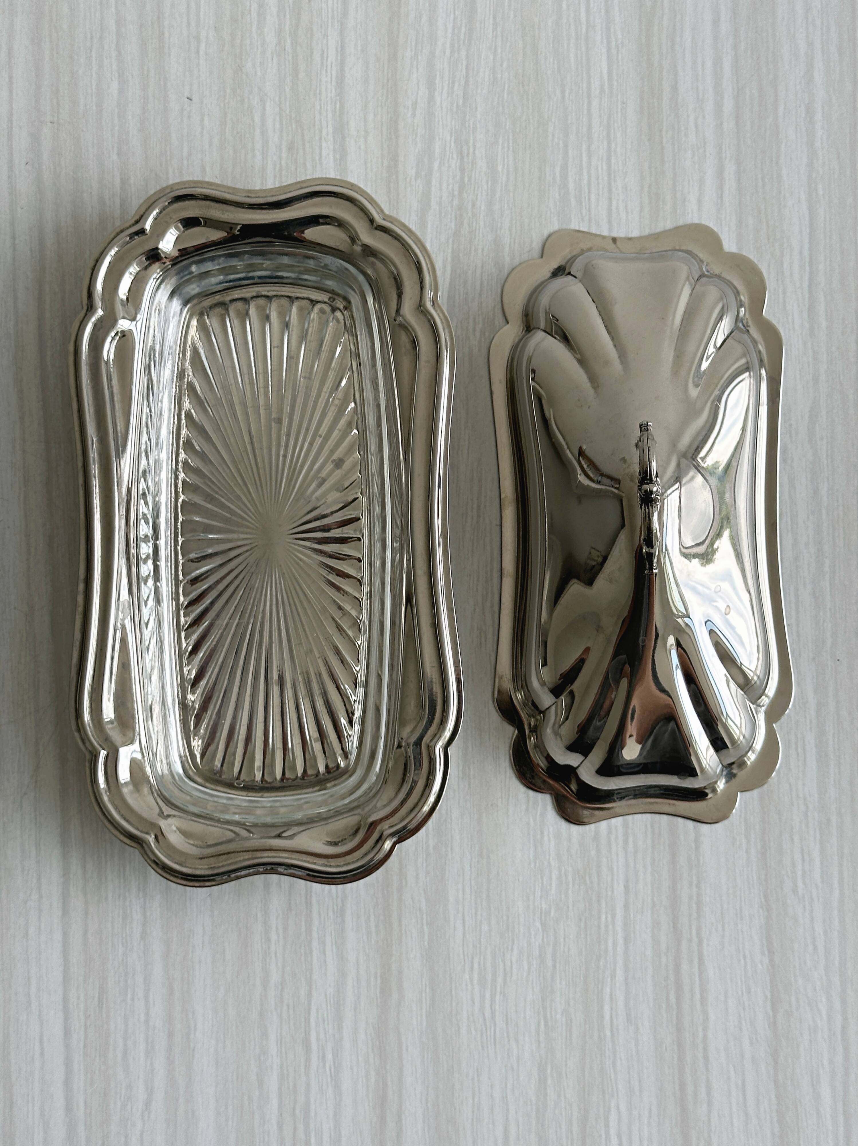 Antique silver-plated stainless steel butter dish