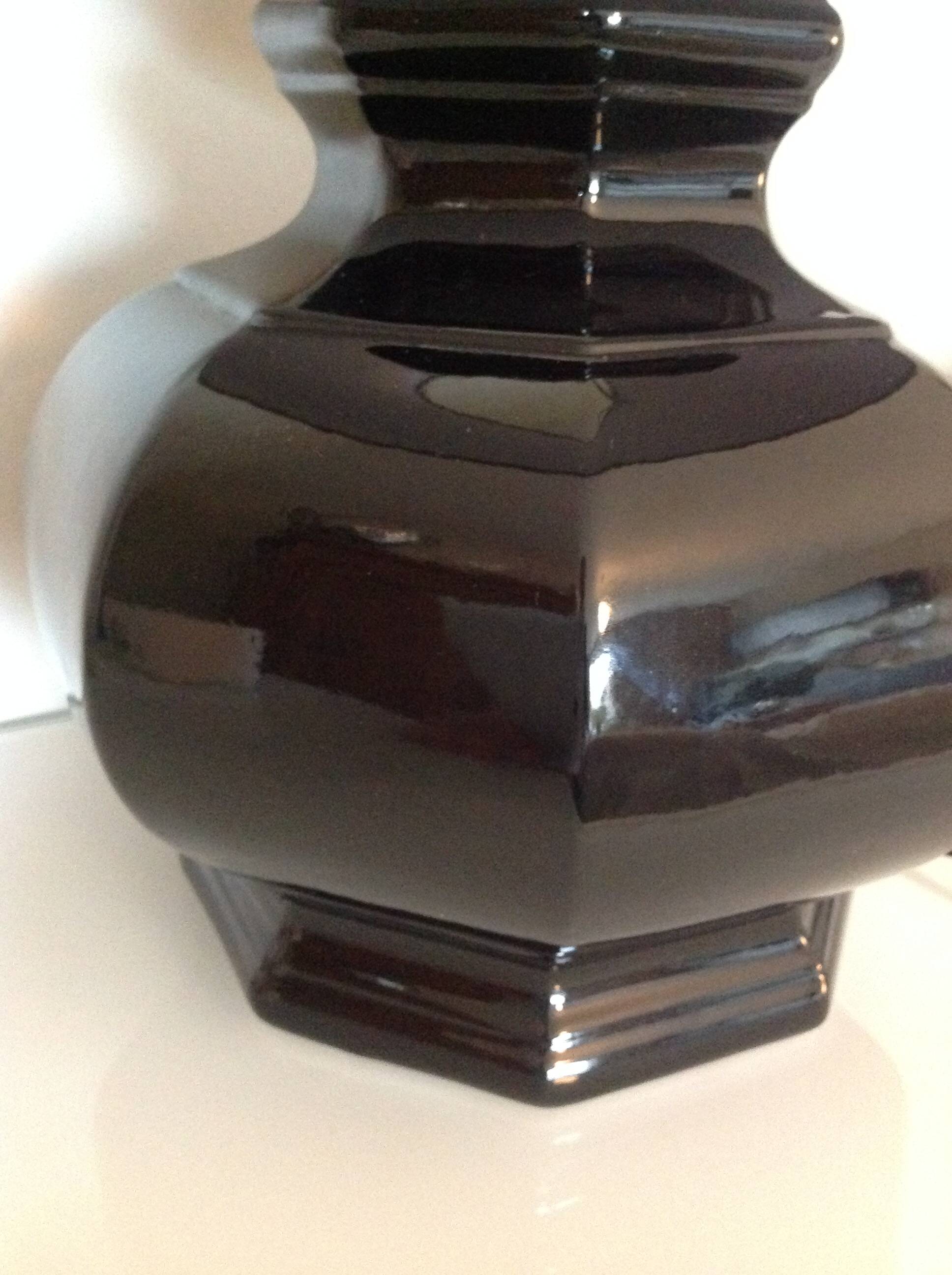 Octagonal black ceramic lamp and gold lampshade / vintage 70s