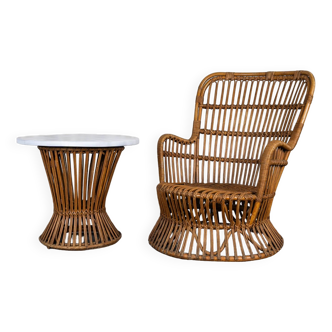 Vintage rattan armchair and table set