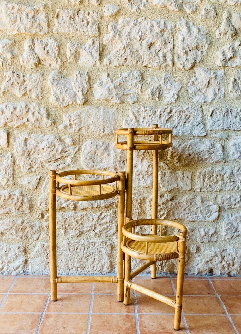 Vintage folding plant holder in bamboo and rattan, circa 1970's