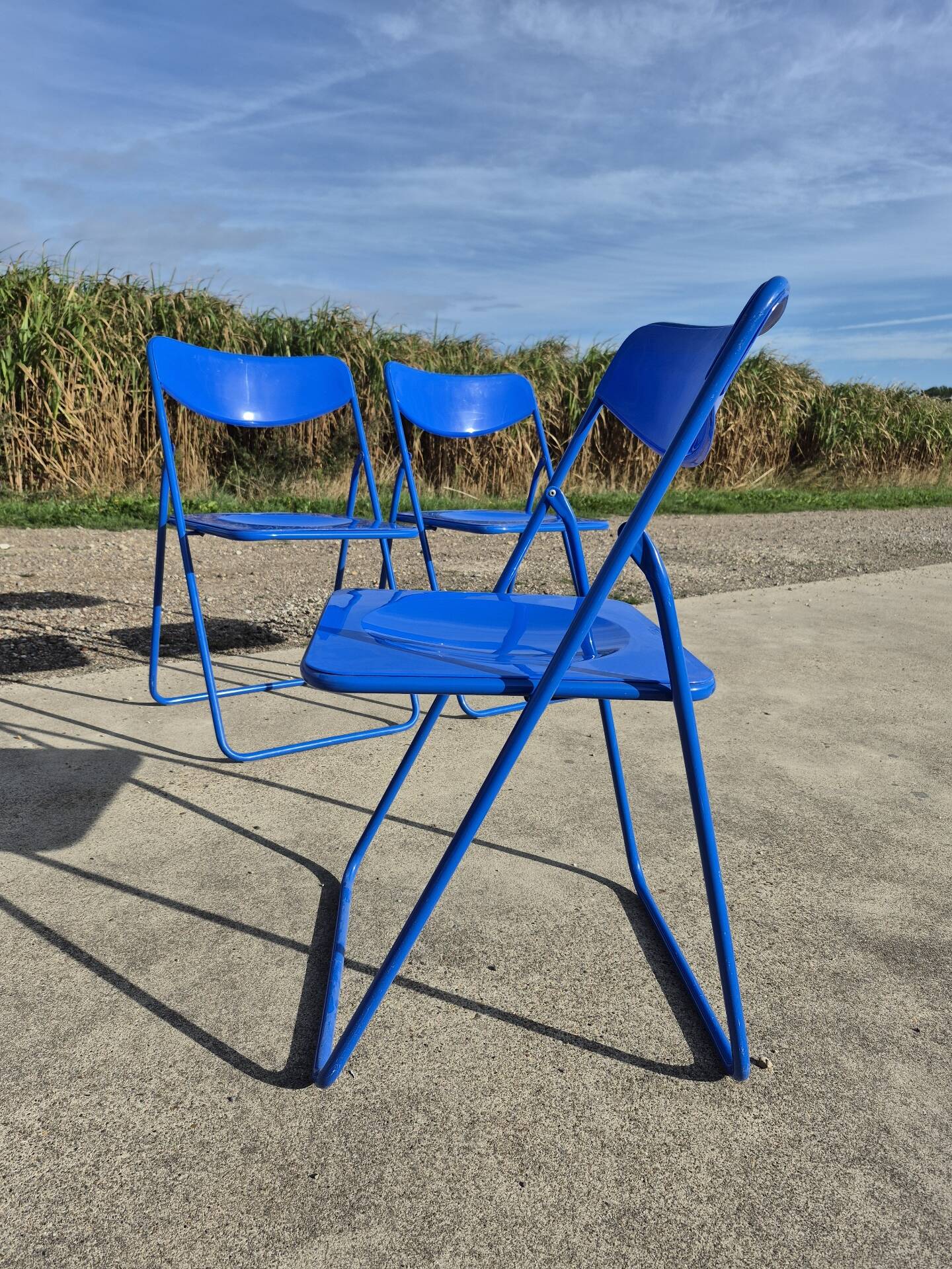 Ensemble de 3 chaises pliantes vintage TED IKEA bleues des années 1980 Nield Gammelgaard.