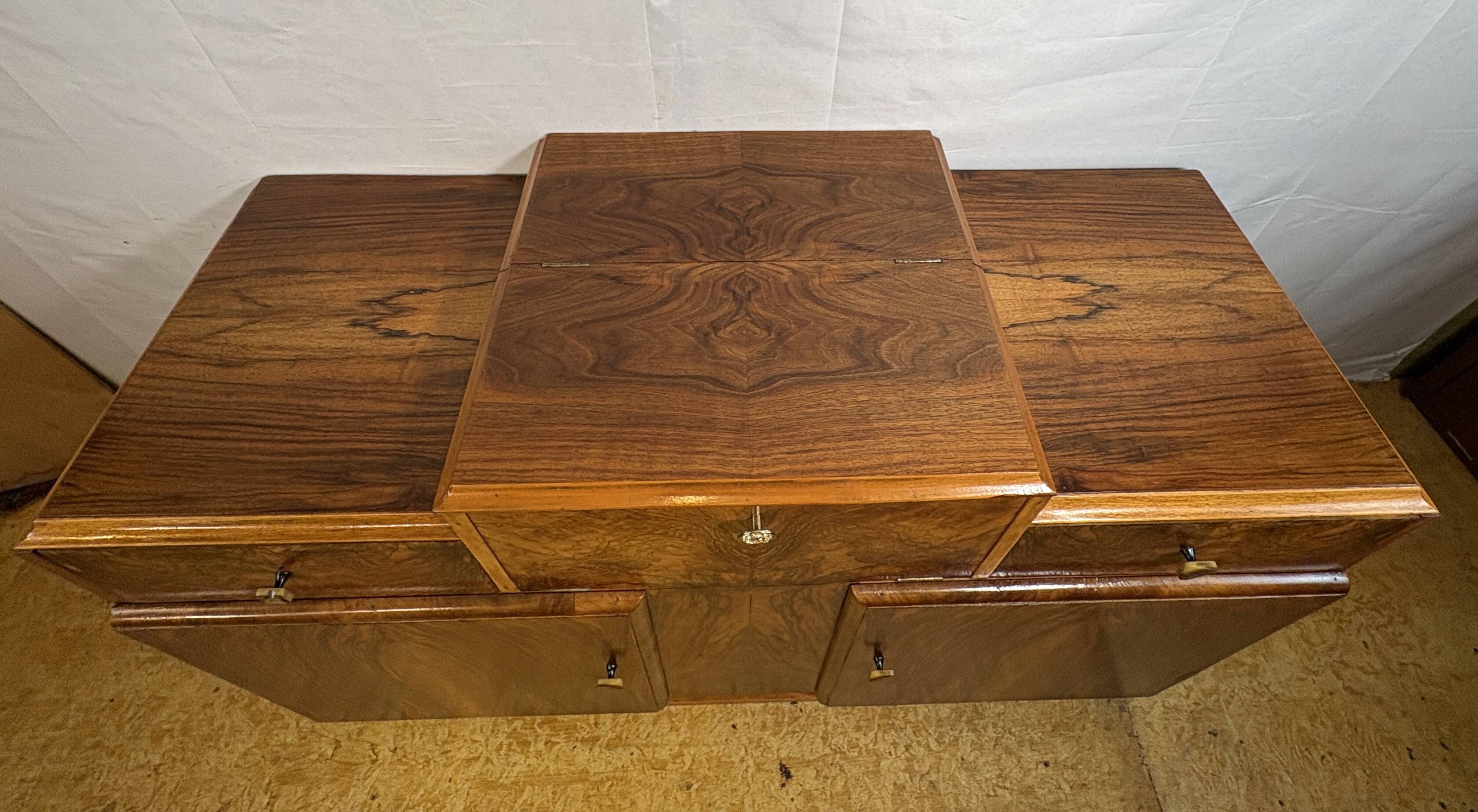 Art Deco English Burr Walnut Cocktail Sideboard – Circa 1930s  A stunning o