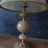 Lamp with base in polished beige-brown stones and its leather lampshade