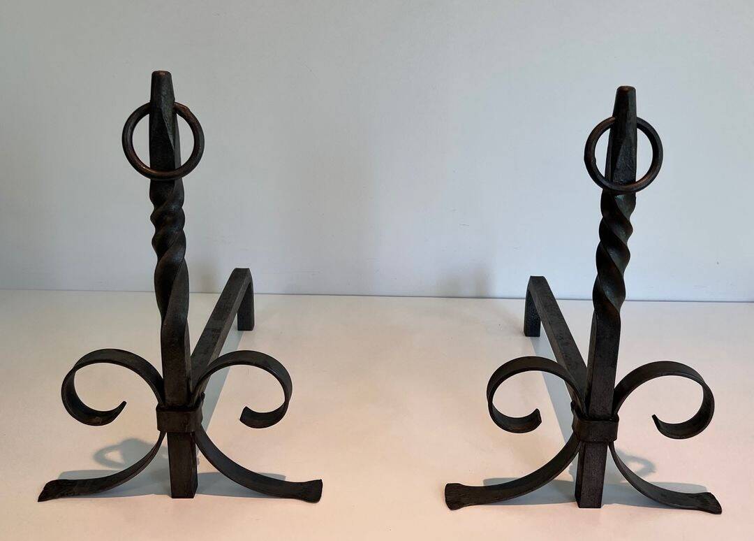 Pair of Neoclassical Fire Dogs in Wrought Iron with Twisted Columns, Finials