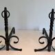 Pair of Neoclassical Fire Dogs in Wrought Iron with Twisted Columns, Finials