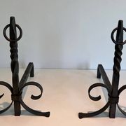 Pair of Neoclassical Fire Dogs in Wrought Iron with Twisted Columns, Finials