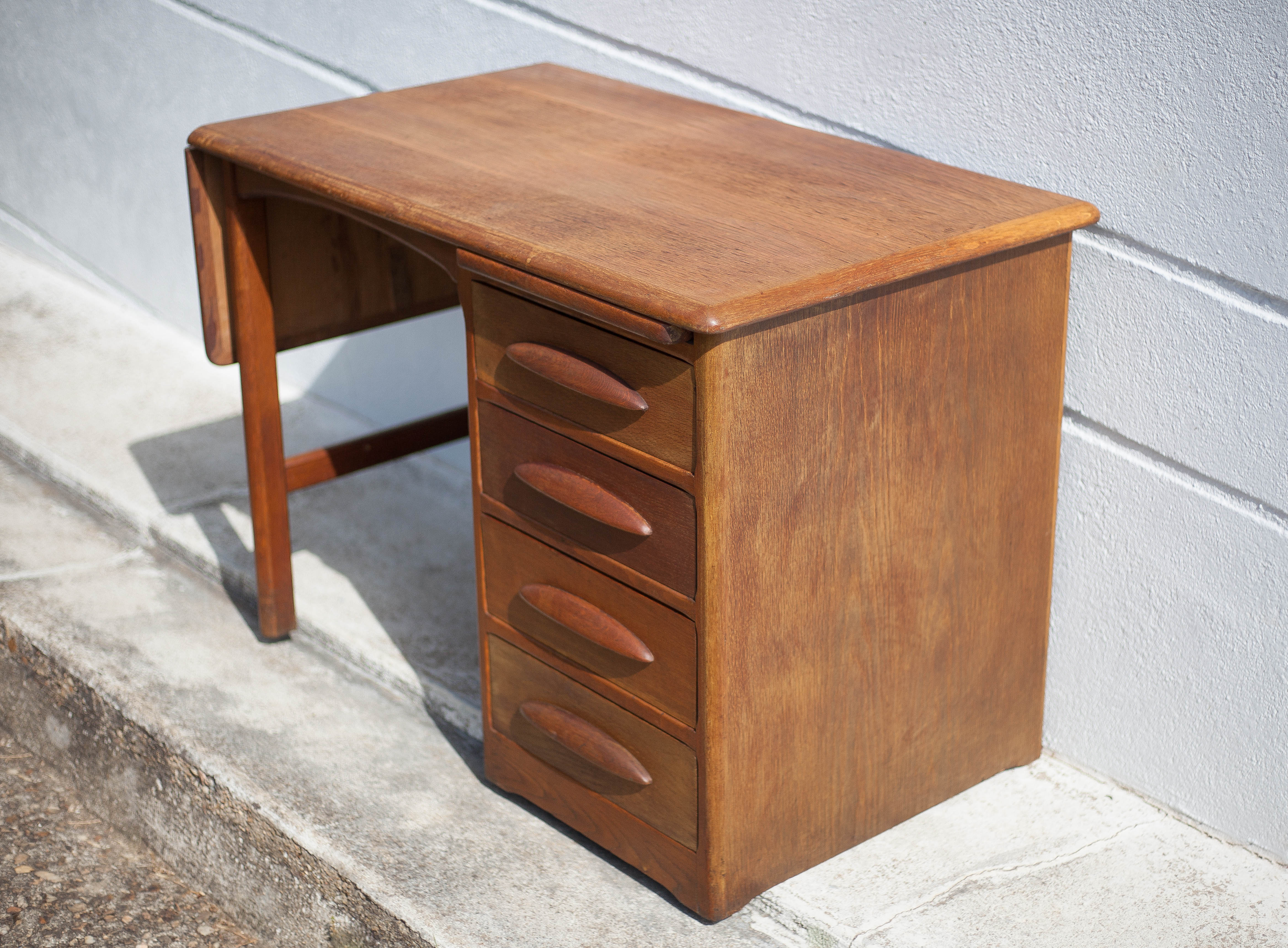 American wood desk, desk with drawers and folding extension, 50s