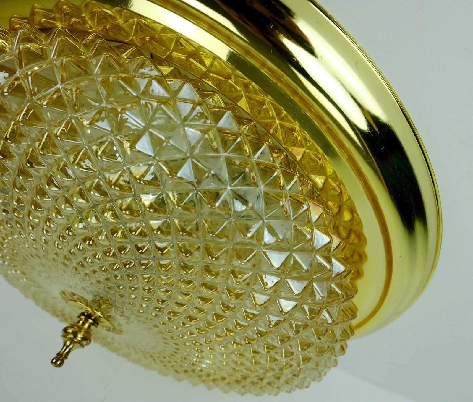 mid century ceiling LAMP flush mount textured amber glass and brass 1970s