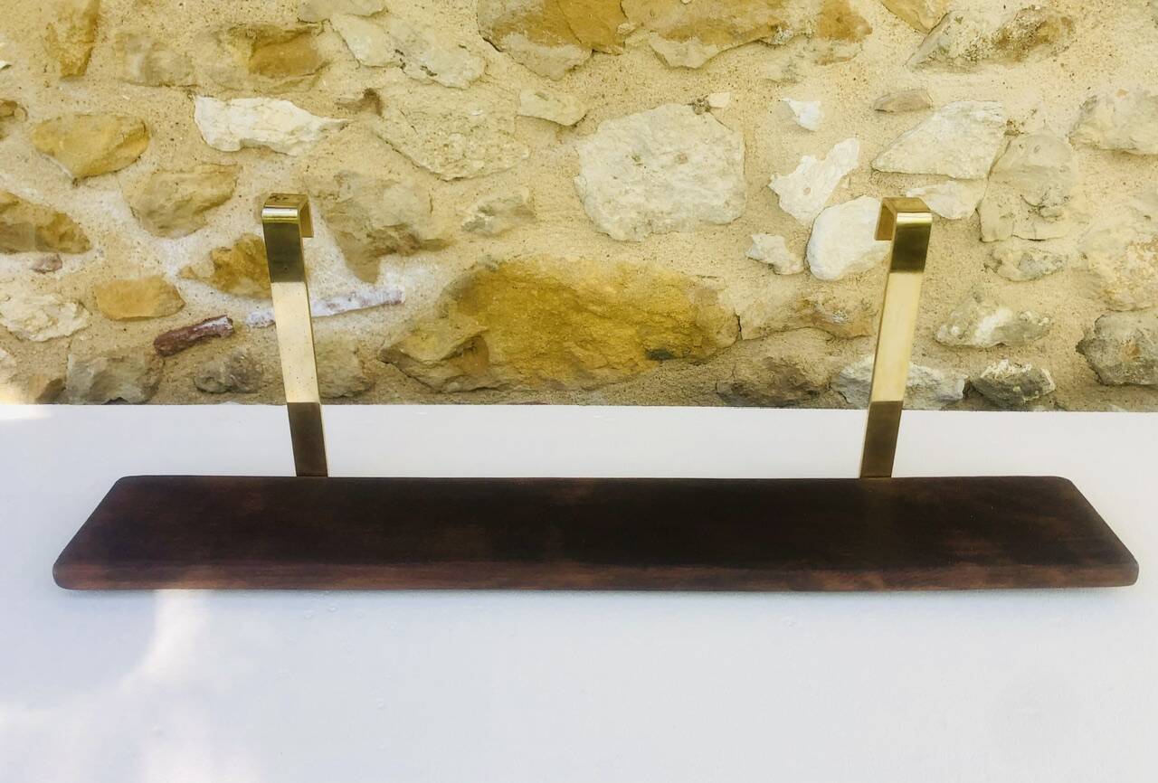 Vintage brass and wood hanging wall shelf