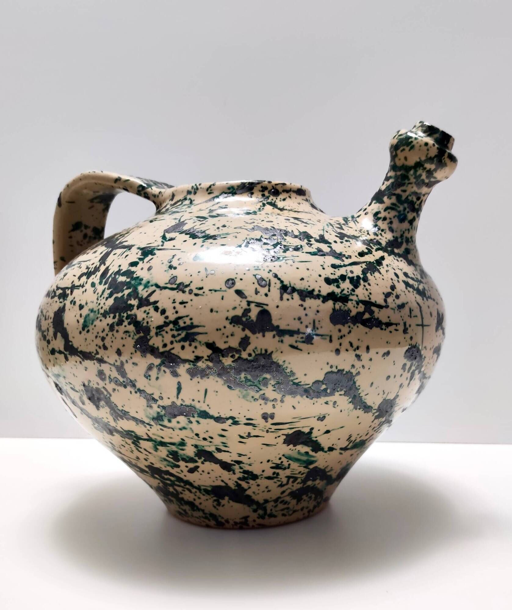 Vintage Brown and Green Lacquered and Handpainted Terracotta Vase, Deruta, Italy