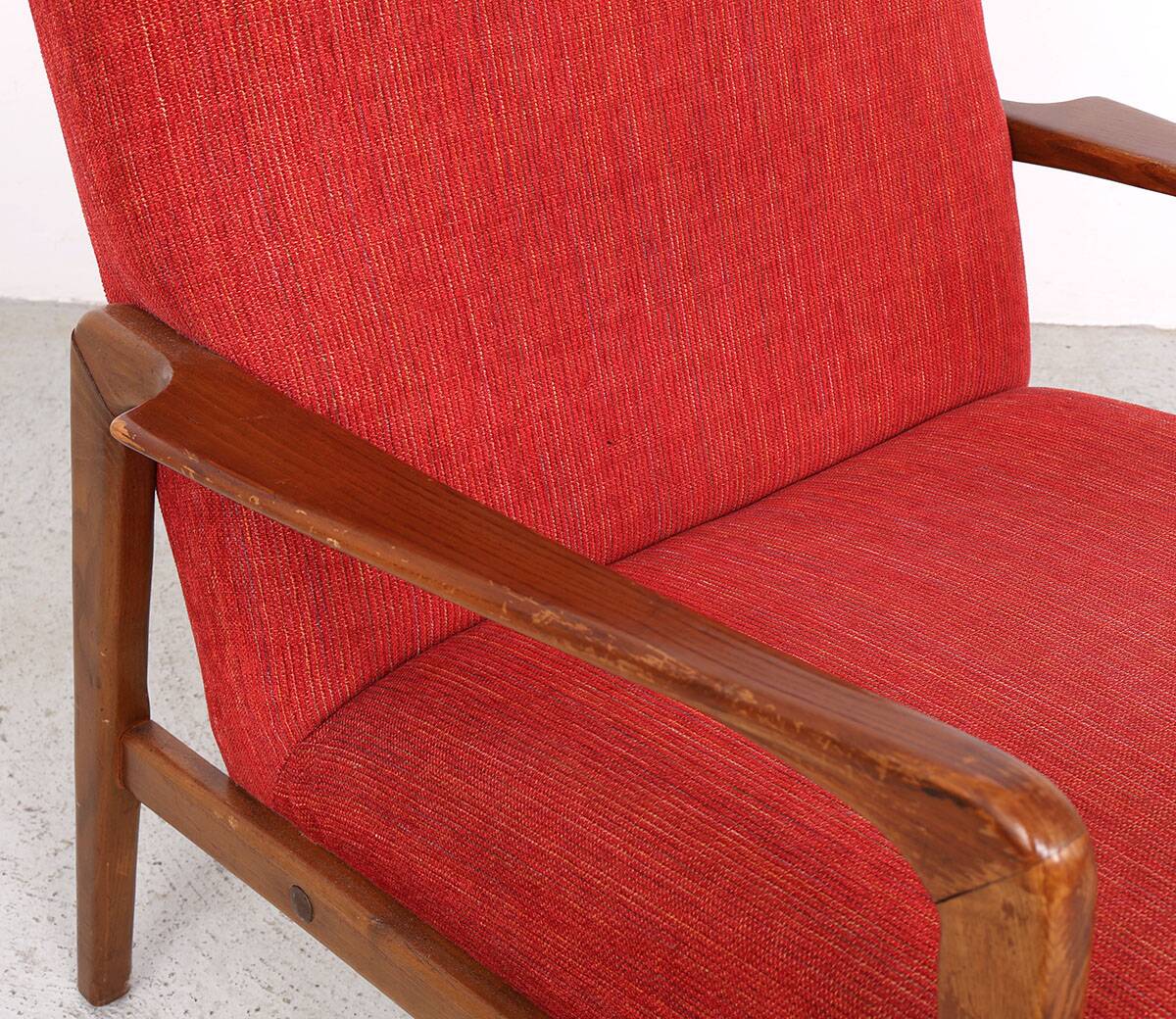 Danish vintage design wooden armchairs with coral fabric, 1950s