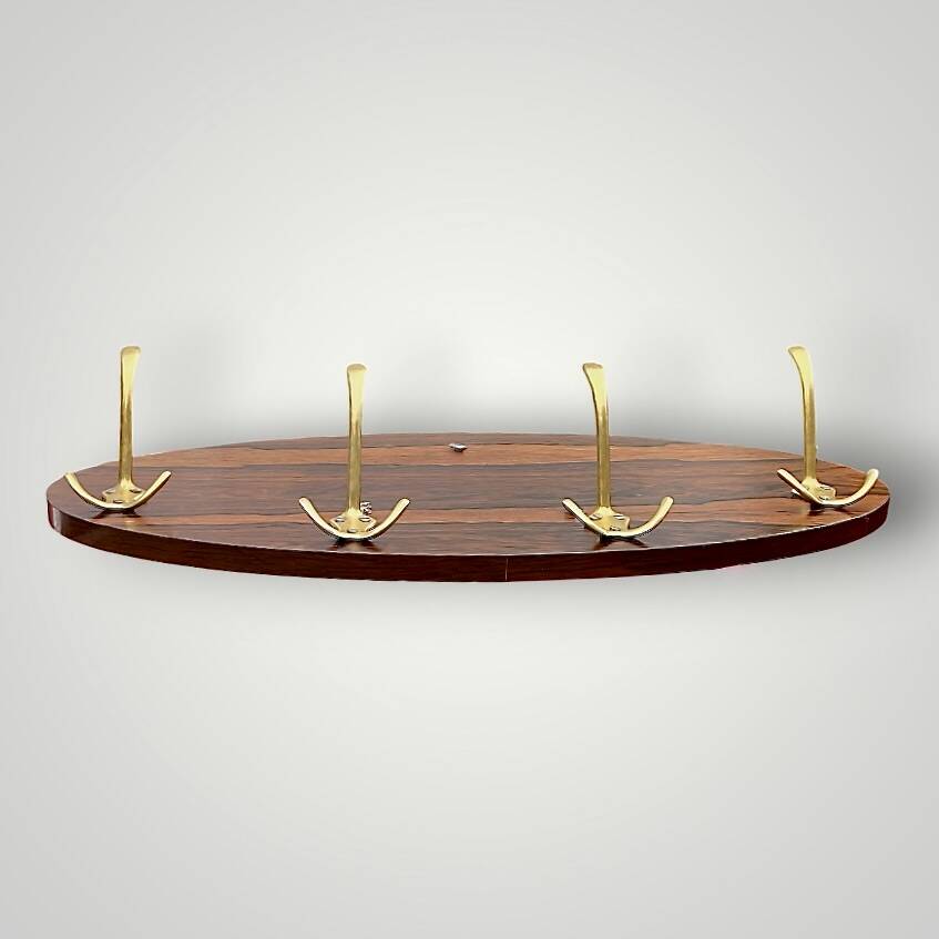 Vintage wall-mounted coat rack in wood and gold-tone aluminum – 1960s