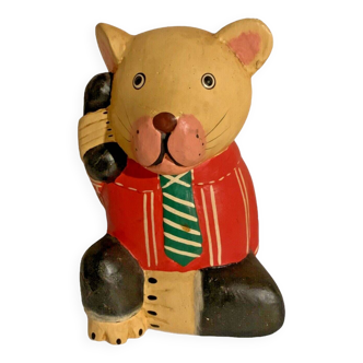 Bear 1985 light wood 17cm hand painted telephone deco toy old vintage statuette