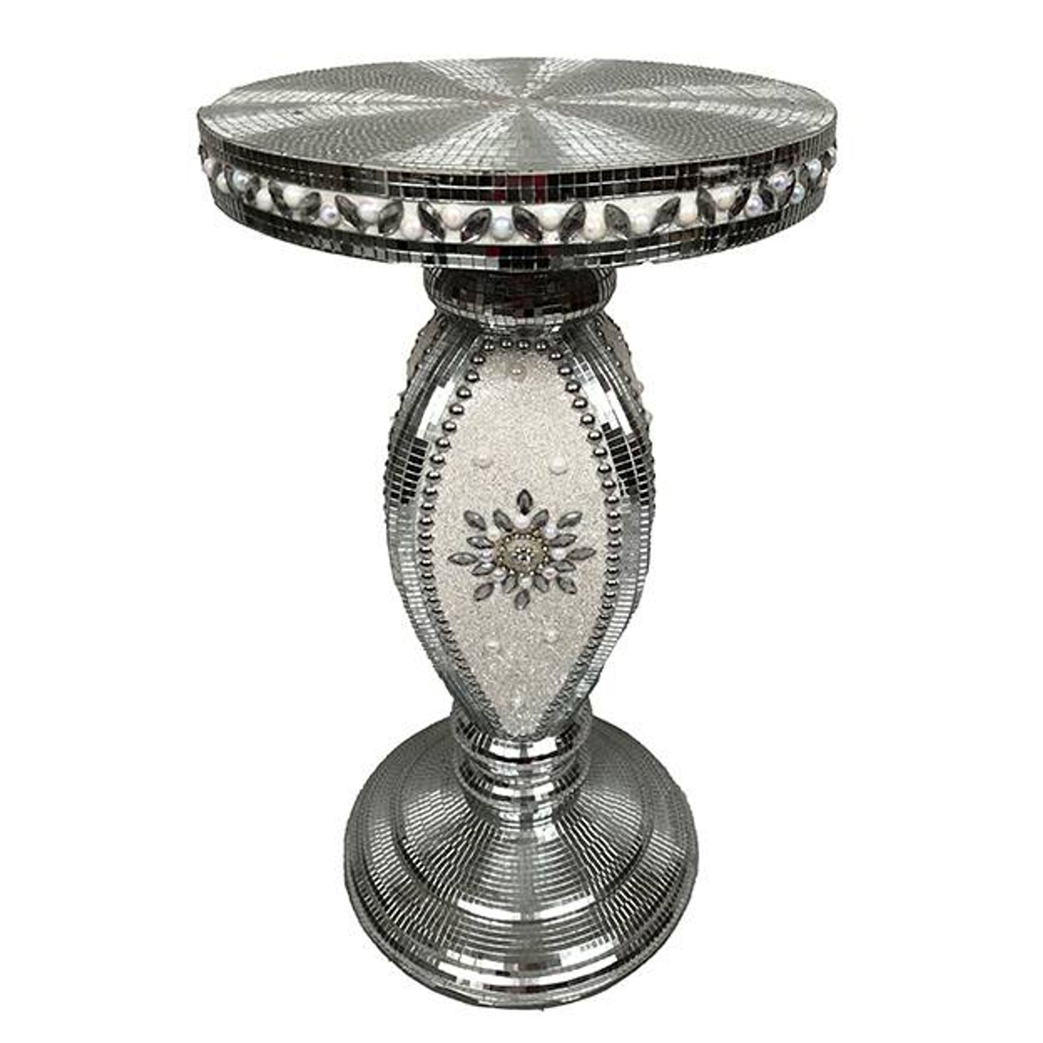 Small wooden pedestal table entirely covered with mirror mosaic