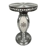 Small wooden pedestal table entirely covered with mirror mosaic