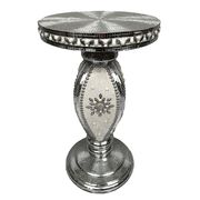 Small wooden pedestal table entirely covered with mirror mosaic