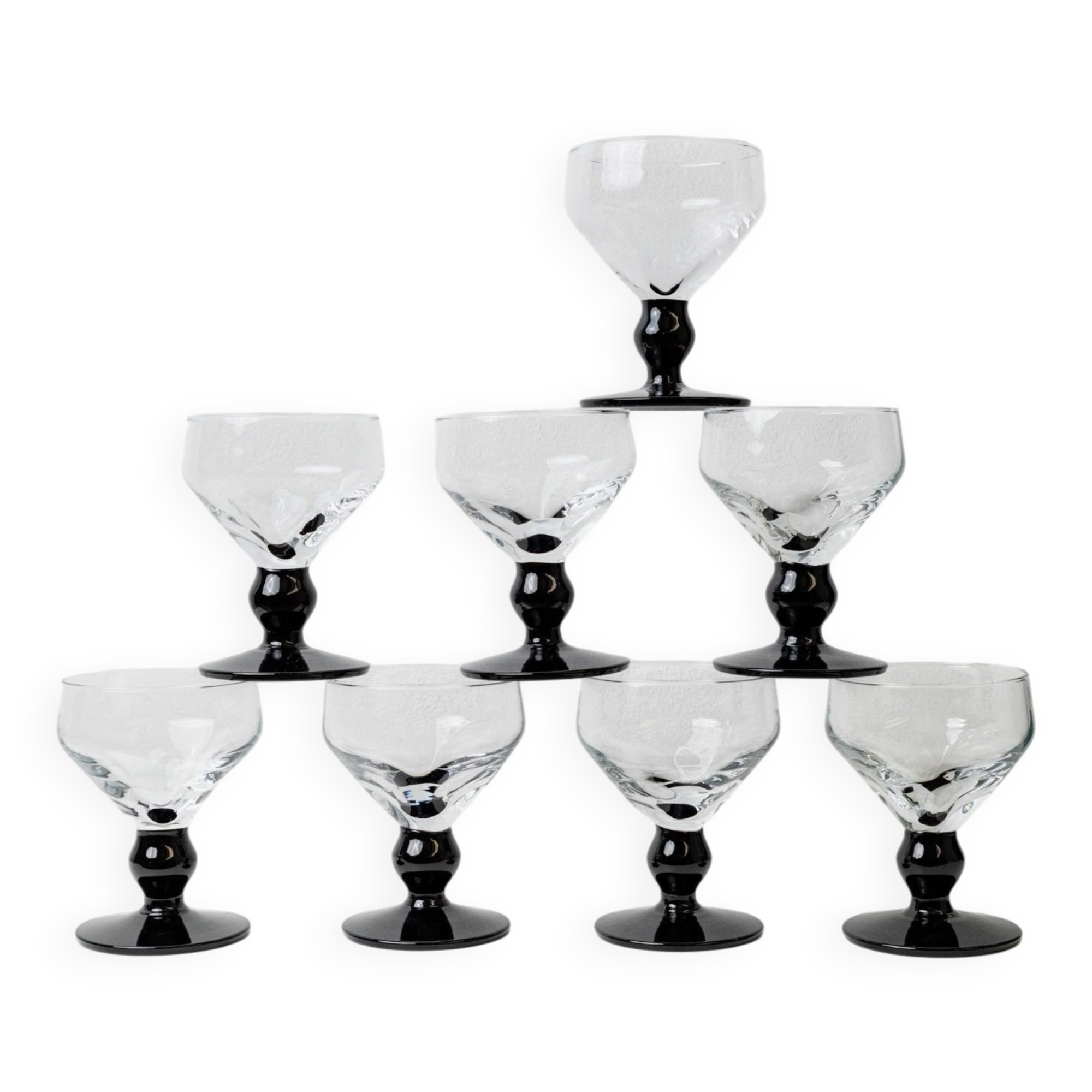 Huit verres à boire en verre noir et transparent – Style postmoderne Memphis, verrerie italienne vintage des années 1980