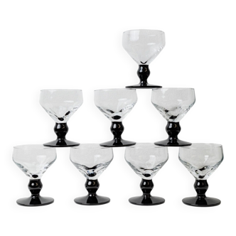 Eight Black and Clear Glass Drinking Glasses – Postmodern Memphis Style, 1980s Italian Vintage Glassware