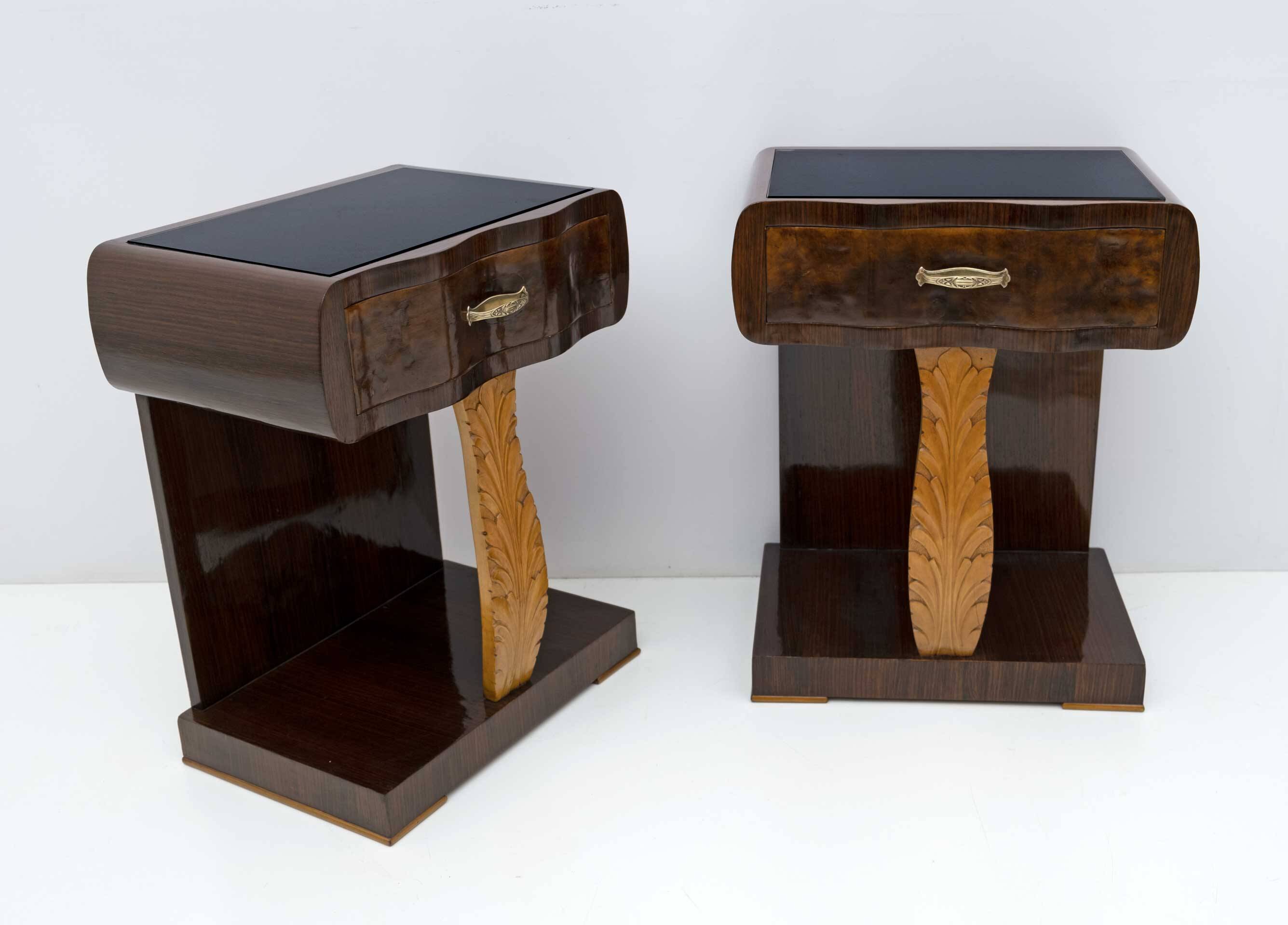 Pair of Art Deco Italian Walnut Briar and Maple Bedside Tables, 1920s