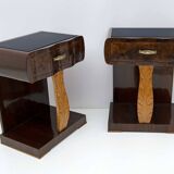 Pair of Art Deco Italian Walnut Briar and Maple Bedside Tables, 1920s
