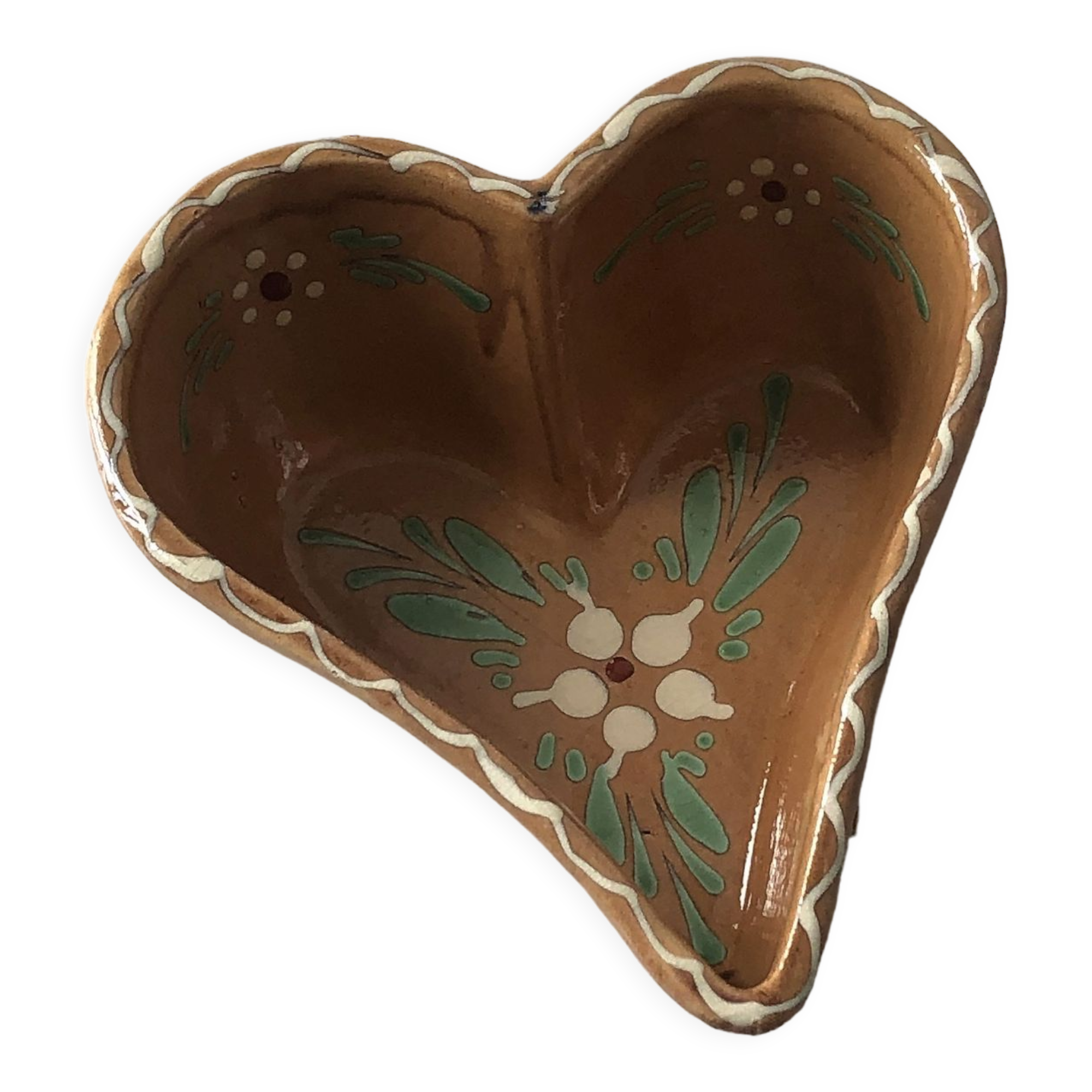 Alsatian decorative dish "heart" with floral motif in glazed terracotta