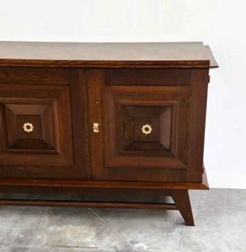 Vintage oak buffet in brutalist style with geometric panel doors, Belgium, 1960s