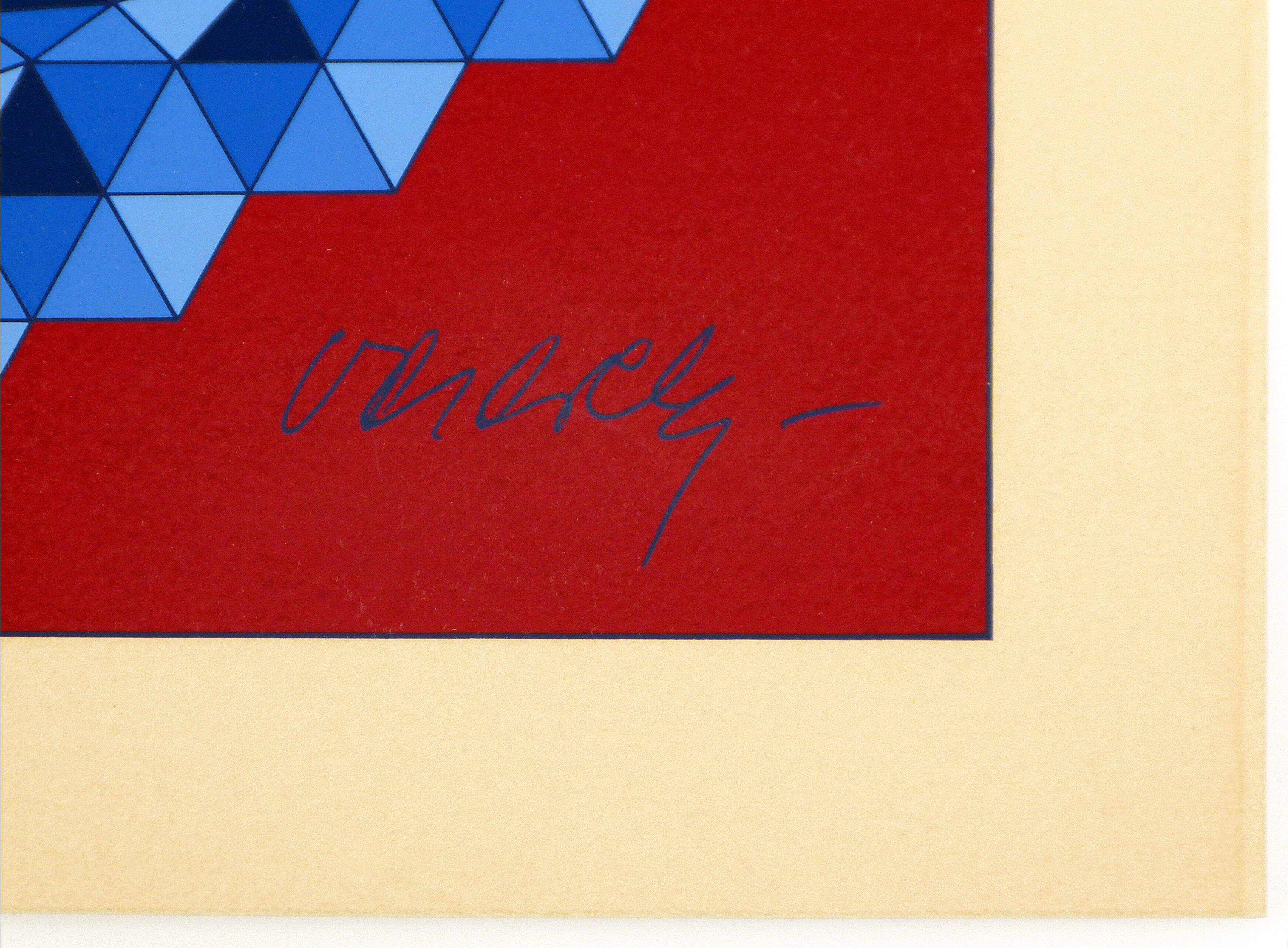 Sérigraphie originale signée à l'encre bleue Victor Vasarely "hexa triangle" circa 1970