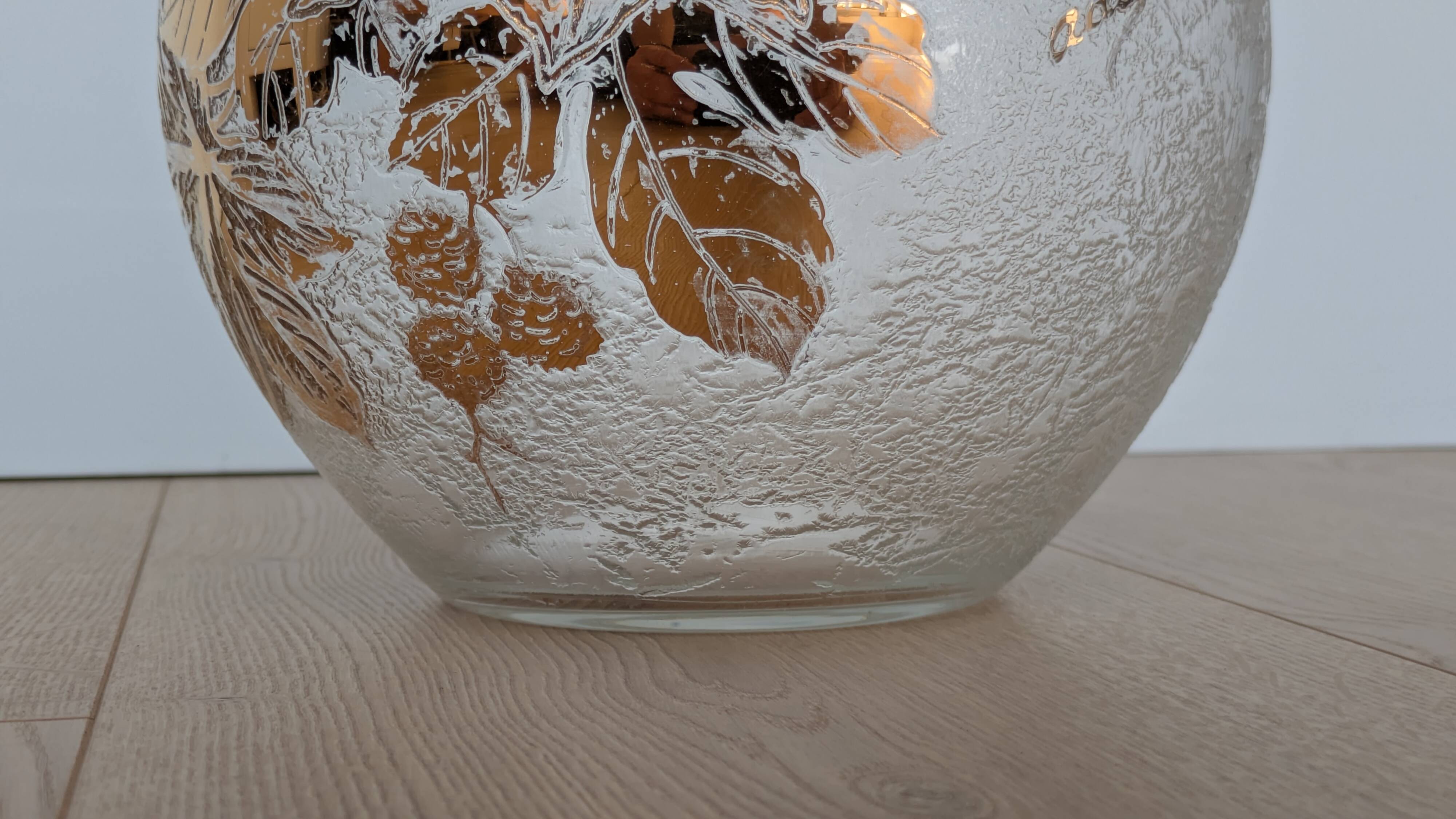 Frosted Glass Ball Vase with Golden Botanical Decoration — Signed Adat — Circa 1950