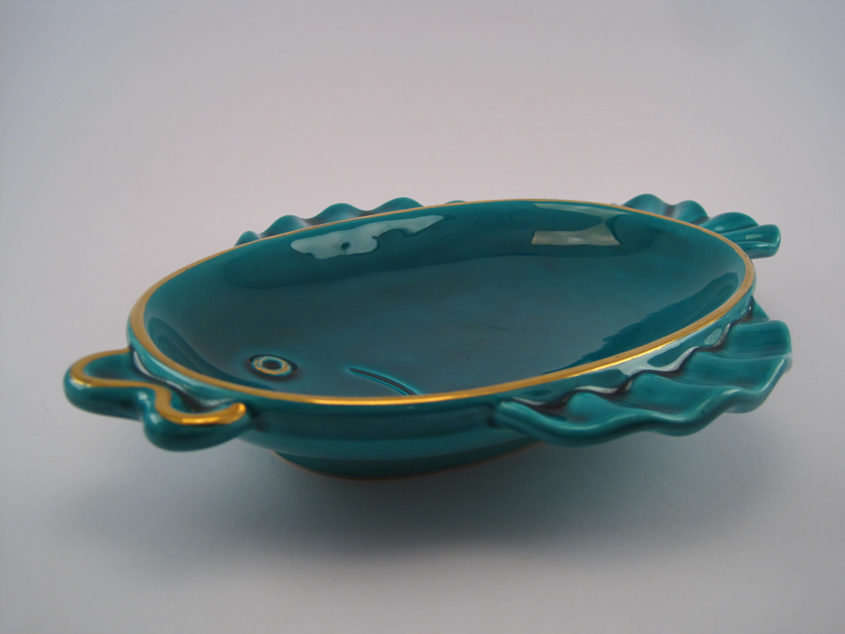 Empty cup stylized fish pocket green earthenware enamelled VERCERAM 1950 to 1970