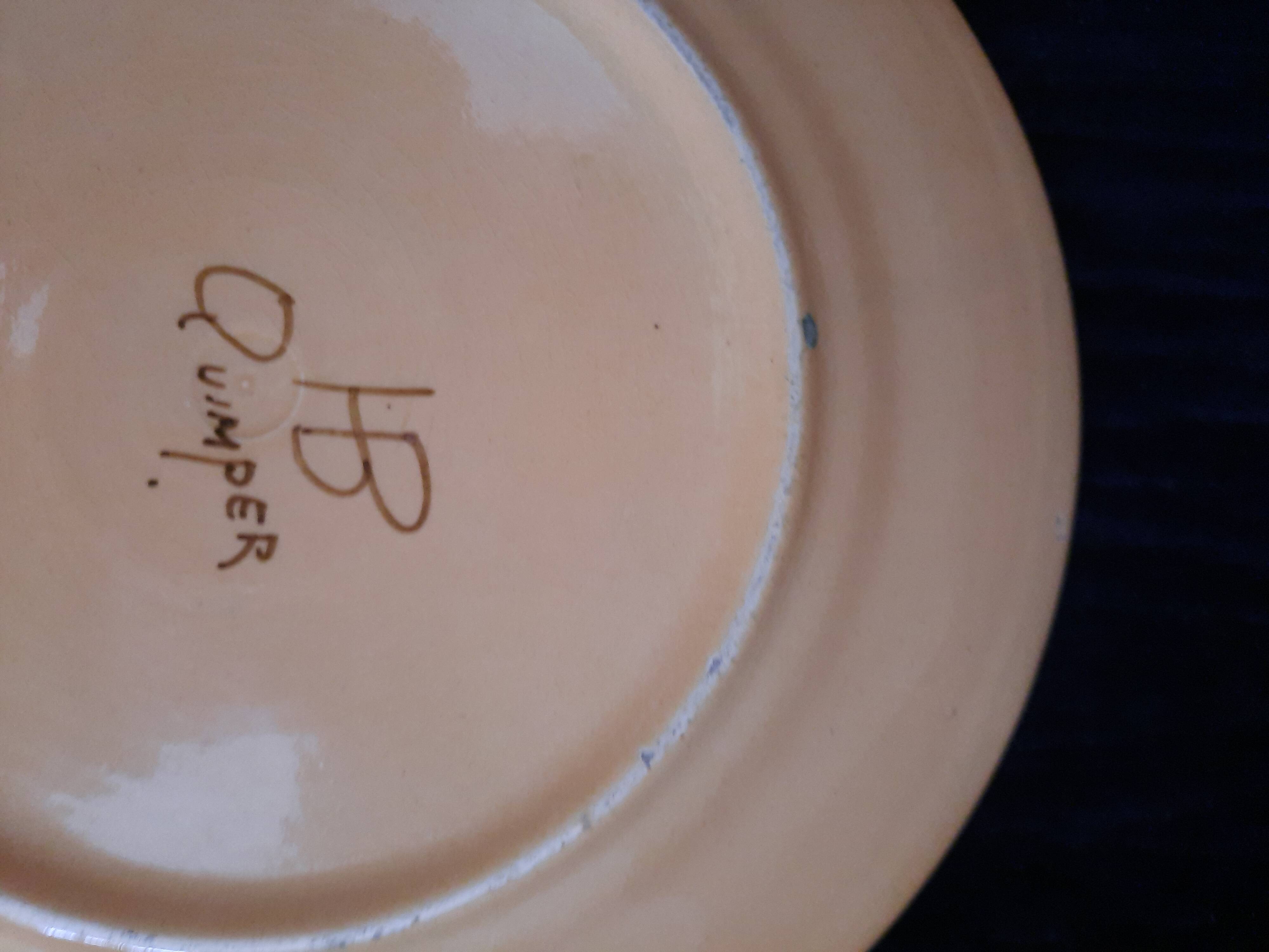 Old HB Quimper Plate Ceramic Geometric Floral Design Brown Yellow