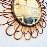 Round mirror flower sun in smoked rattan wicker vintage 1960 1970 47 cm folk
