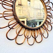 Round flower sun mirror in smoked wicker rattan vintage 1960s 1970s 47 cm folk