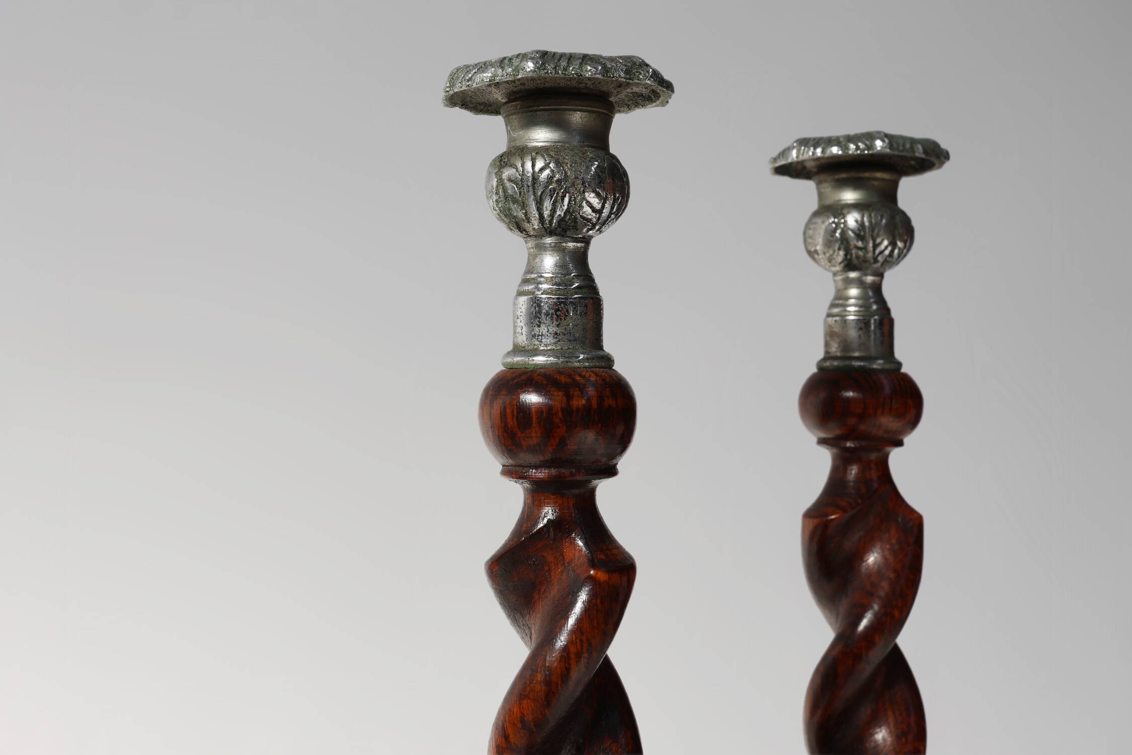 Pair of French Barley Twist candlesticks in wood with silver-plated bobeche