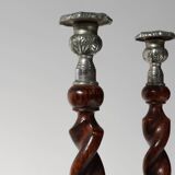 Pair of French Barley Twist candlesticks in wood with silver-plated bobeche