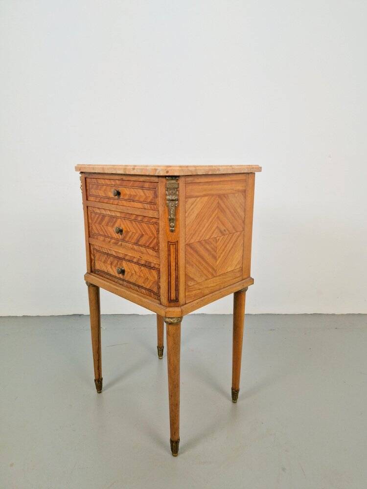 Vintage French Bedside Table with Marble Top and Brass Ornaments, 1920s