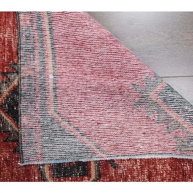 Geometric Turkish hand-knotted red distressed runner 88x321