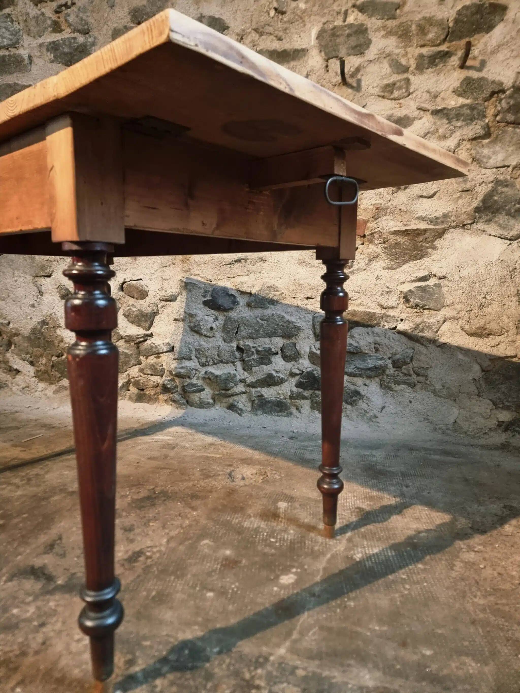 Vintage French pine table with extendable side, circa 1930, suitable for kitchen or office use.