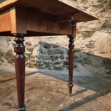 Vintage French pine table with extendable side, circa 1930, suitable for kitchen or office use.