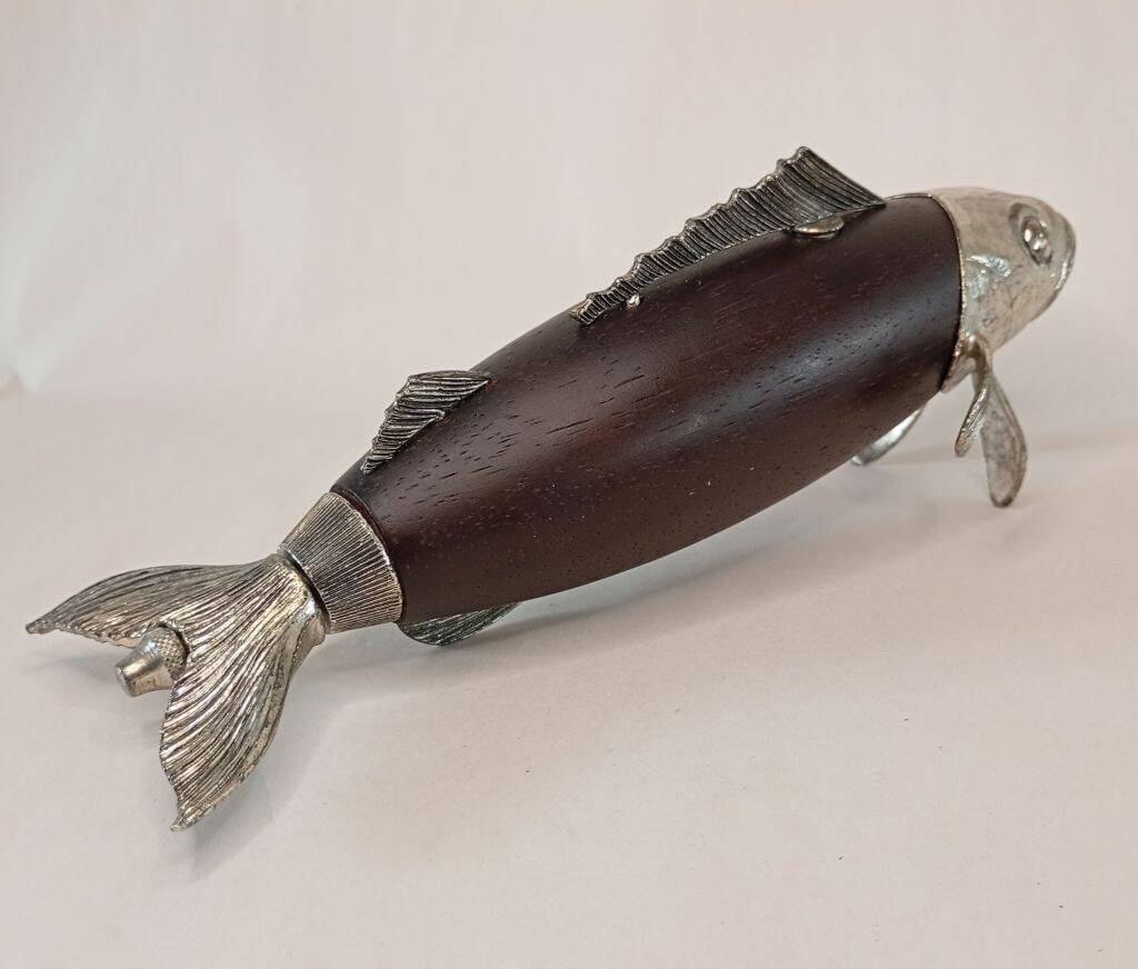 Italian Tre Spade Fish Shaped Rose Wood & Silverplate Pepper Mill or Grinde