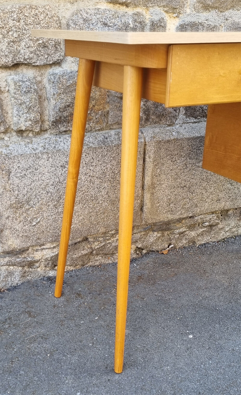 Wood and formica desk, compass feet, vintage, 70s