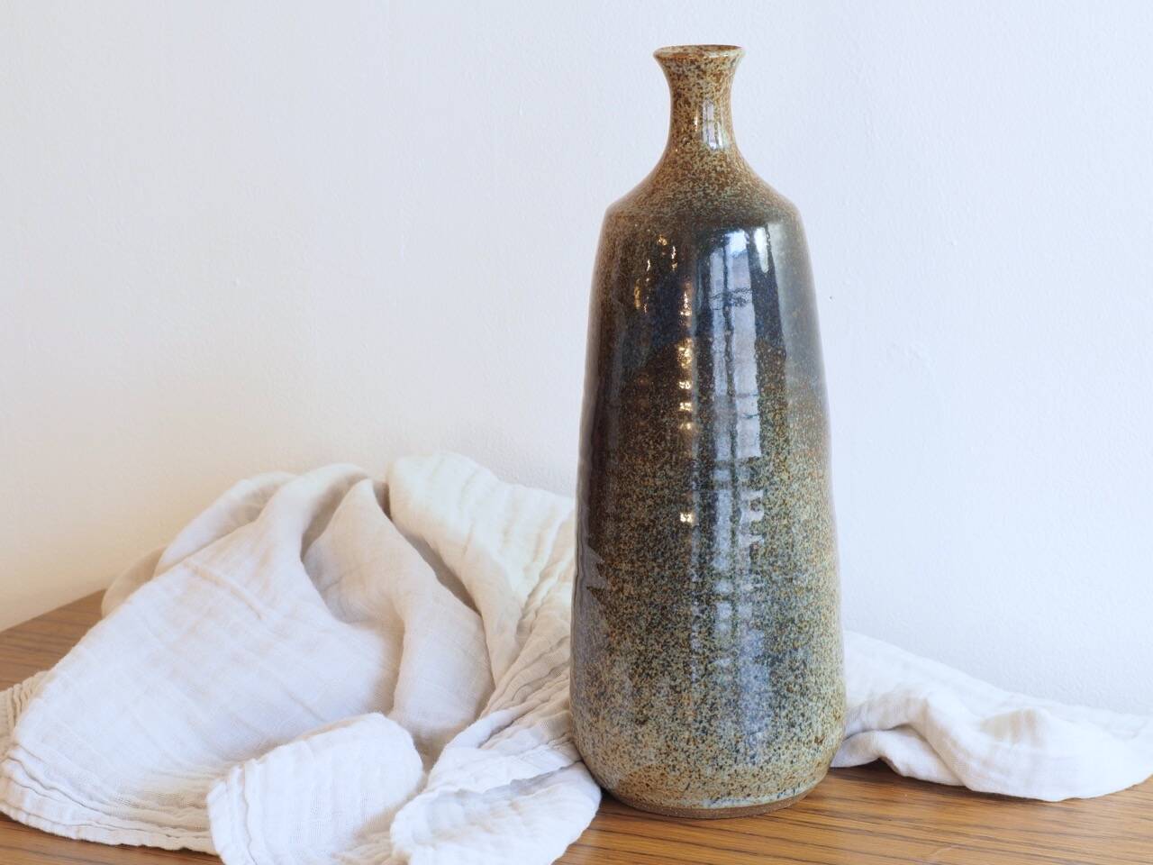 Enamelled stoneware vase or bottle signed Hélène